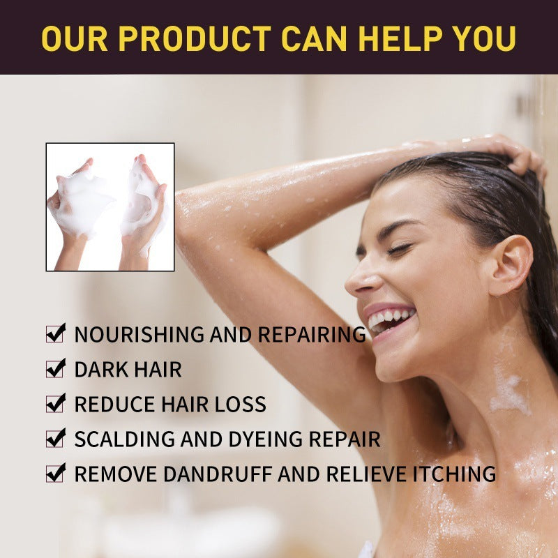Woman with dark hair applying a product, with text highlighting product benefits.