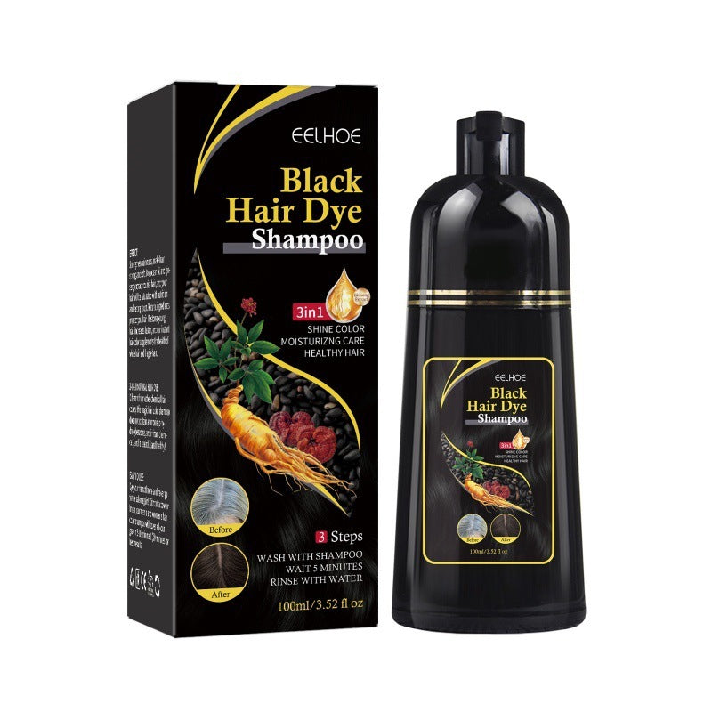 Black hair dye shampoo packaging and bottle on a white background