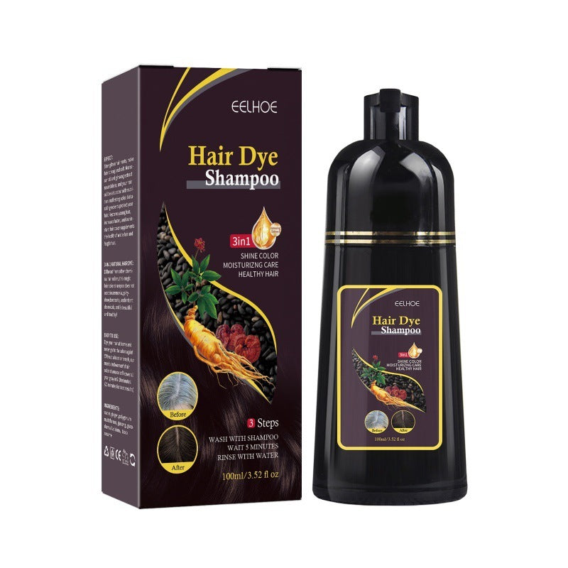 Hair dye shampoo packaging and bottle on a white background