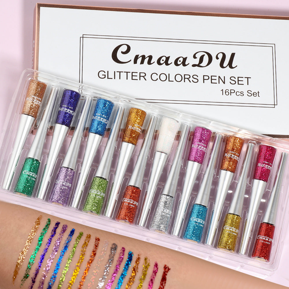 CmaaDU glitter colors pen set with 16 pens displayed in packaging.