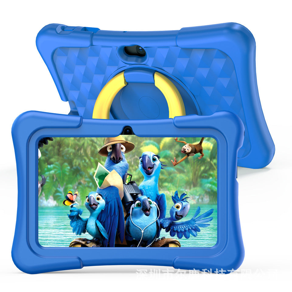 A child holding a blue 7-inch quad-core children's tablet with a yellow protective case and a parental control system feature text.