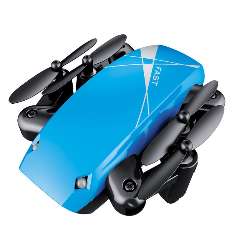 Blue and black drone with propellers on a white background