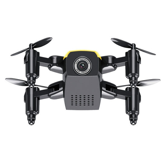 Black and yellow drone with camera on a white background