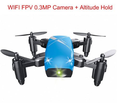 Blue and black drone with camera on a white background