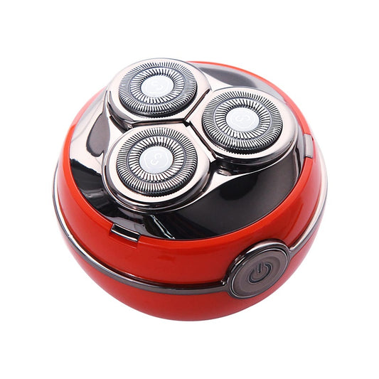 Red-orange electric shaver with three circular foil heads and power button