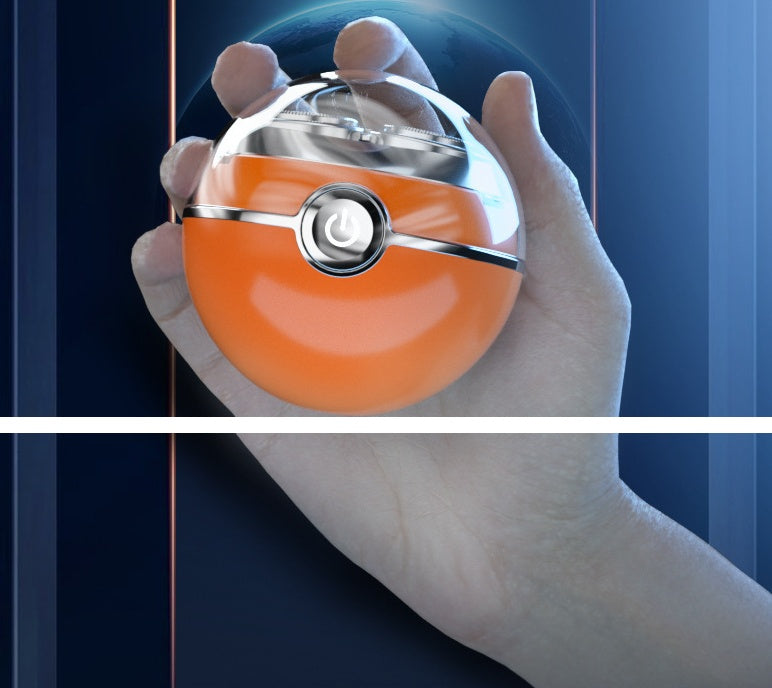 Hand holding a Poké Ball-like object against a blue background