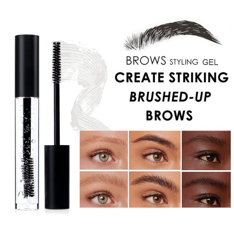Brows styling gel with applicator and before-and-after effects on eyebrows.