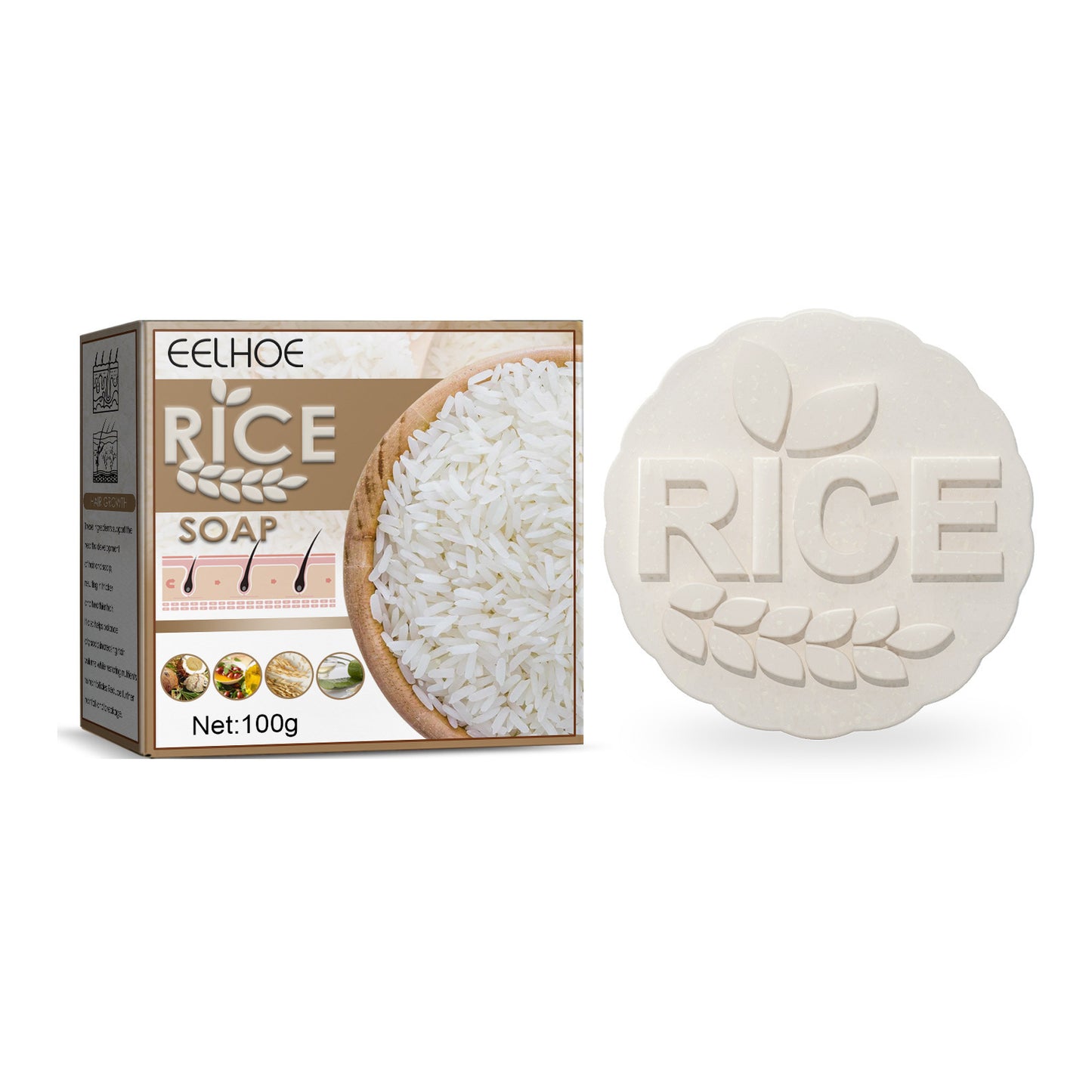 Rice soap with packaging on a white background