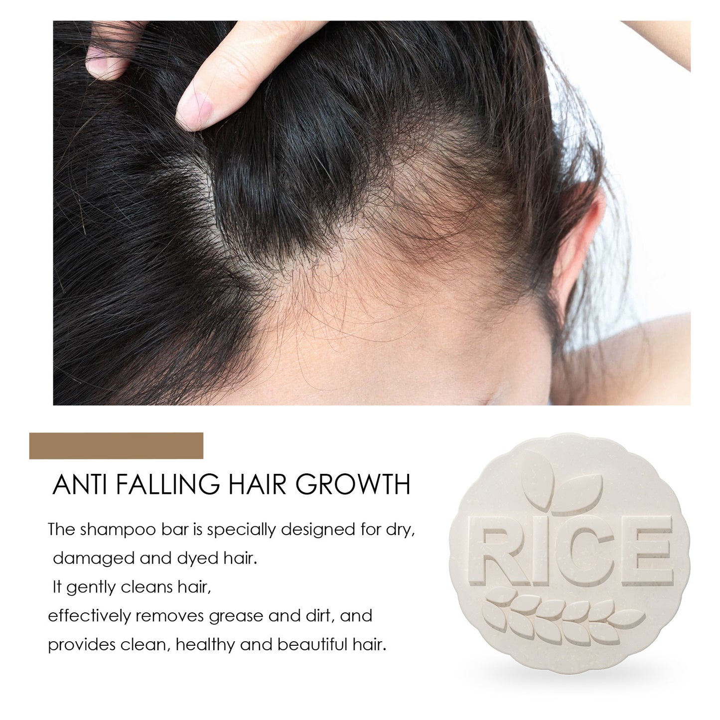 Shampoo bar for anti falling hair growth with text and close-up of hair.