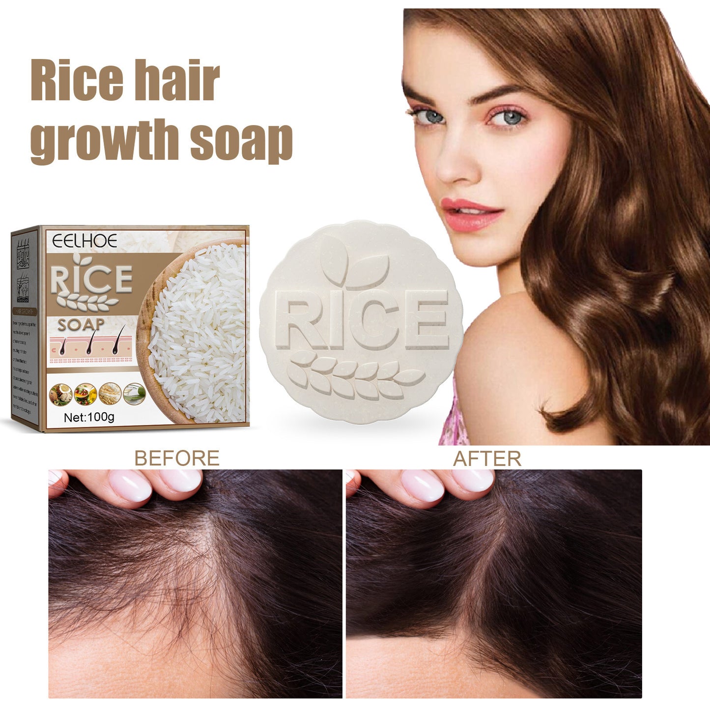 Rice hair growth soap packaging with a bar of soap, before and after hair growth comparison, and a woman with long hair.