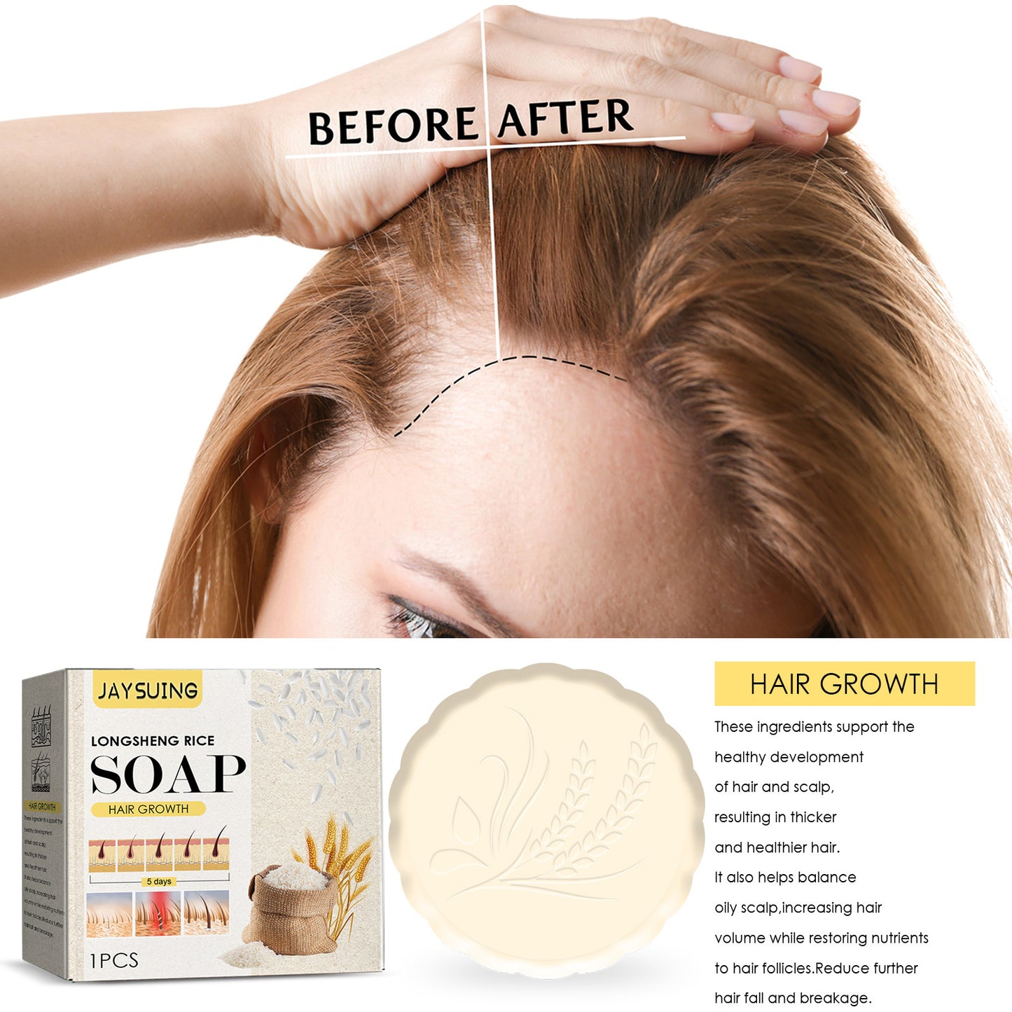 Before and after comparison of hair growth with a soap product for hair growth.