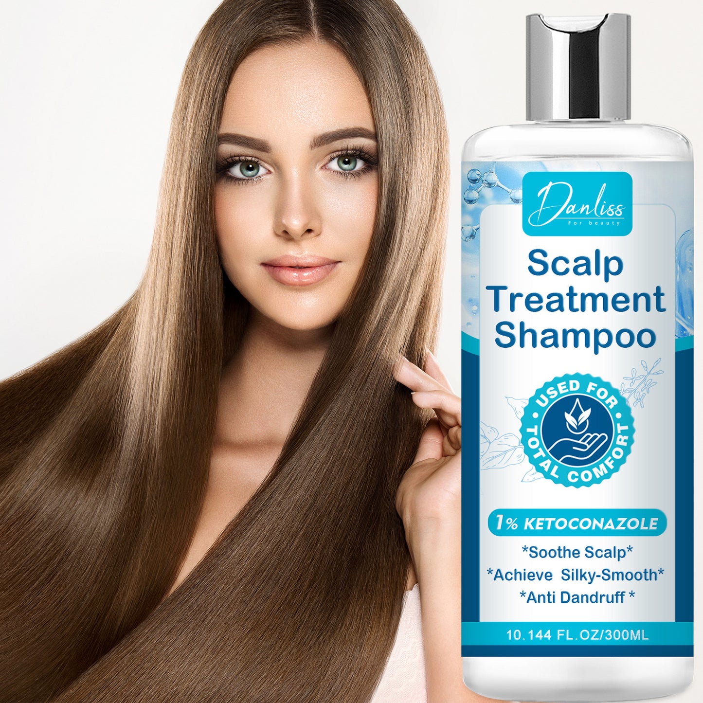 Woman with long hair holding a bottle of Danliss Scalp Treatment Shampoo.