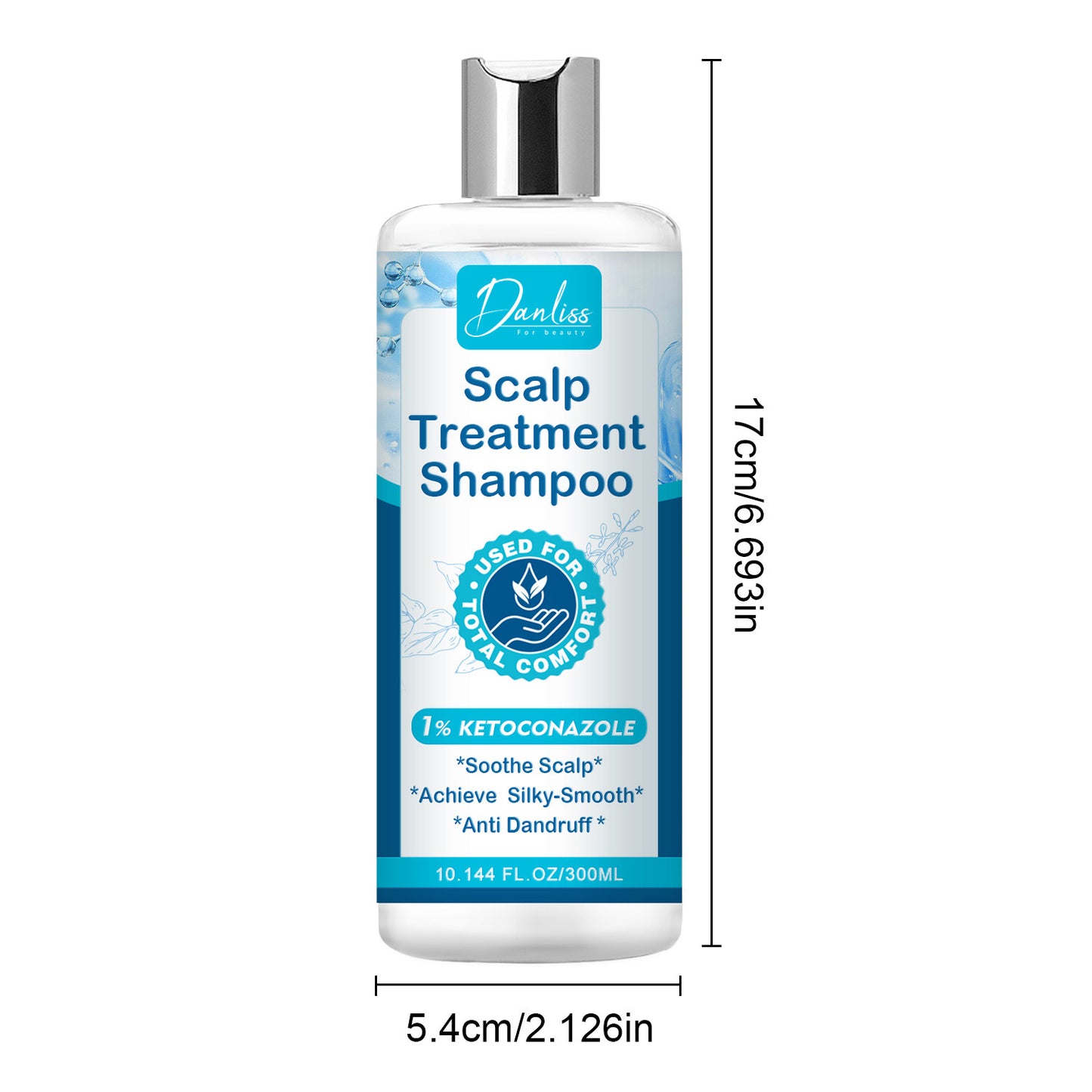 Danliss Scalp Treatment Shampoo bottle with dimensions on a white background