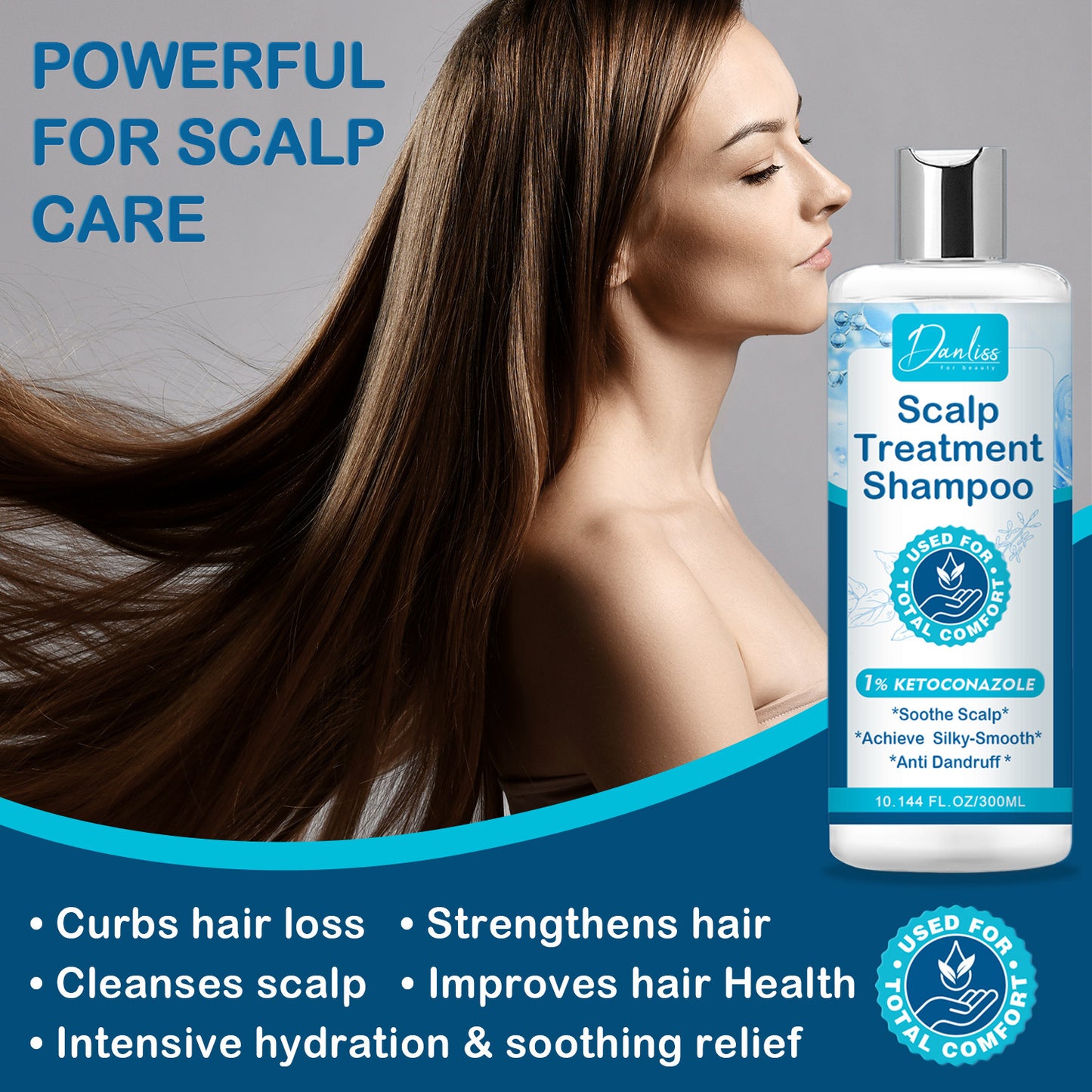 Woman with long hair next to a bottle of scalp treatment shampoo with product features listed.