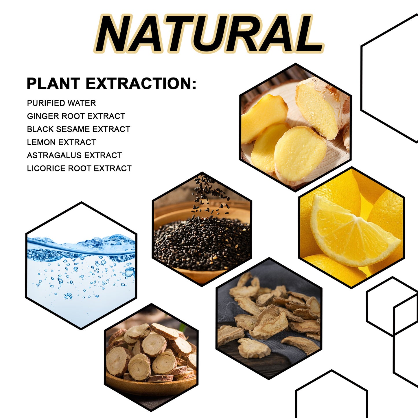 Hexagonal frames displaying natural plant extraction ingredients with text on a white background.