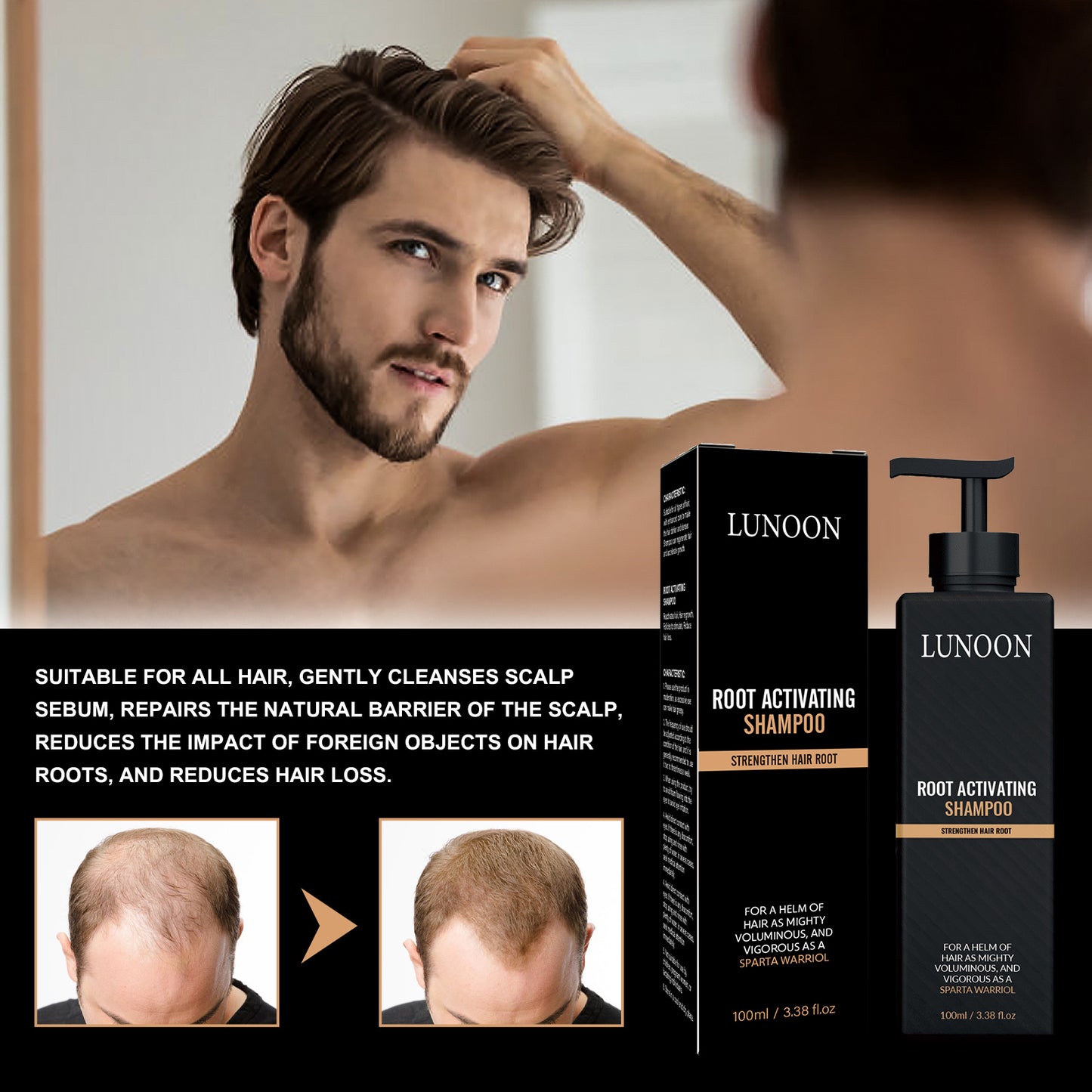 Man examining his hair with LUNOON Root Activating Shampoo packaging displayed.