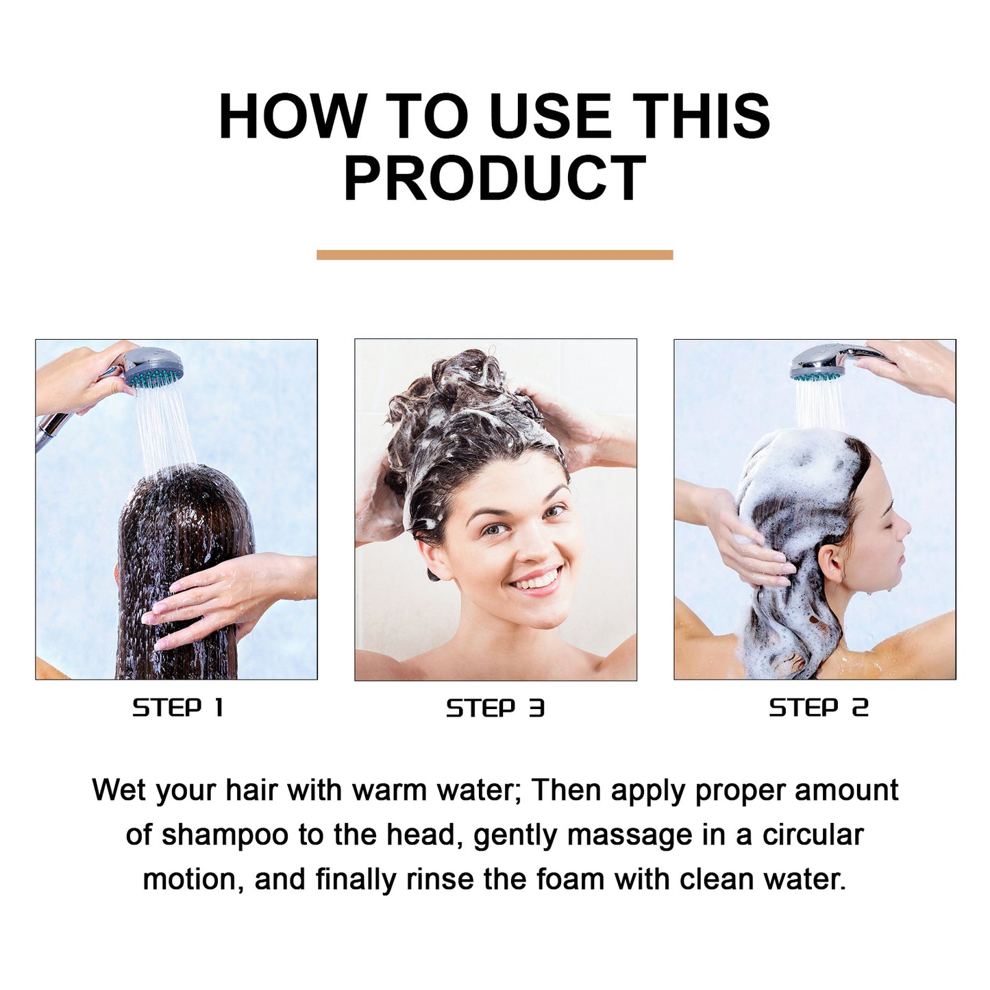 Instructions on how to use a hair care product with three steps shown.
