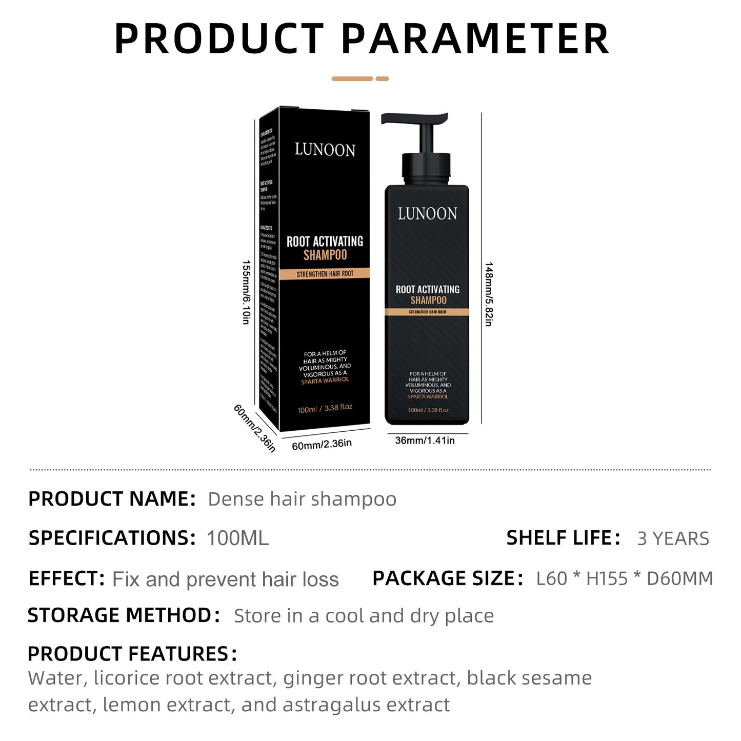 LUNOON Dense hair shampoo packaging with specifications and features on a white background