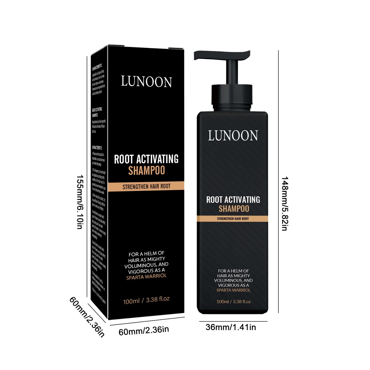 LUNOON Root Activating Shampoo bottle and packaging with dimensions on a white background