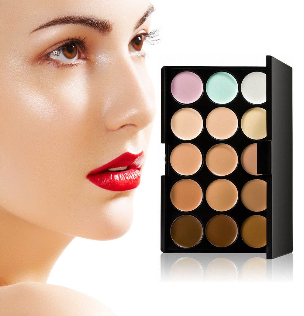 Makeup palette with color swatches next to a woman's face