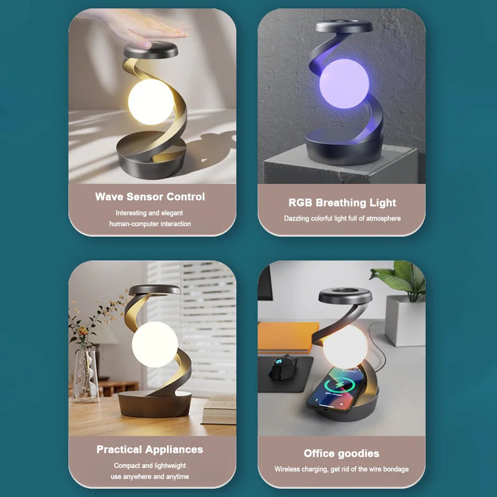 Floating and Spinning in Air with LED Moon Lamp RGB Floating Moon Table Lamp with Wireless Phone Charger for Office Bedroom Home - Ectron Online