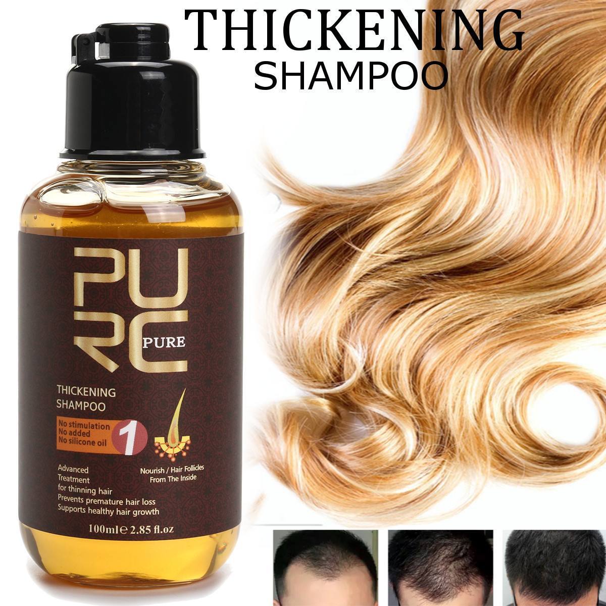 Bottle of Pure Thickening Shampoo with blonde hair and before-and-after hair growth images on a white background