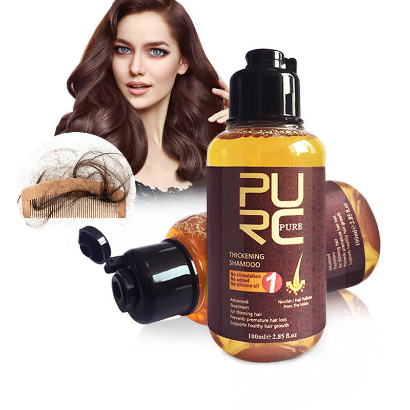 Bottle of PURC thickening shampoo with a woman and hair strands on a white background