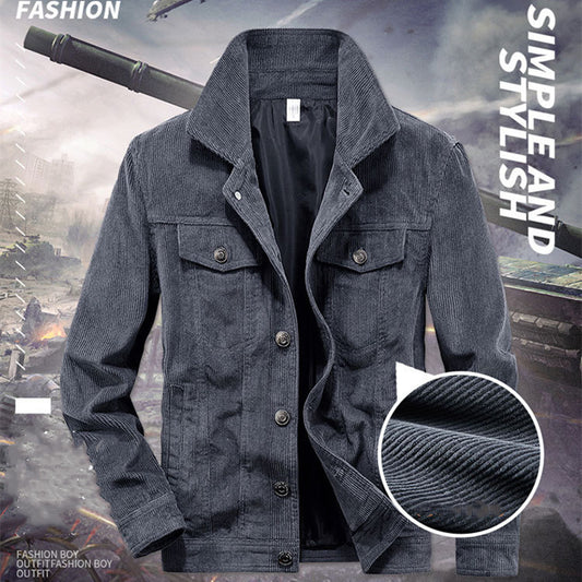 Dark gray corduroy jacket with a close-up of texture on a war-themed background