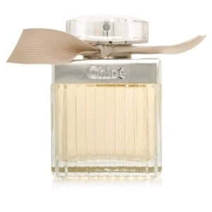 Perfume tester bottle with clear glass and beige label, square shape