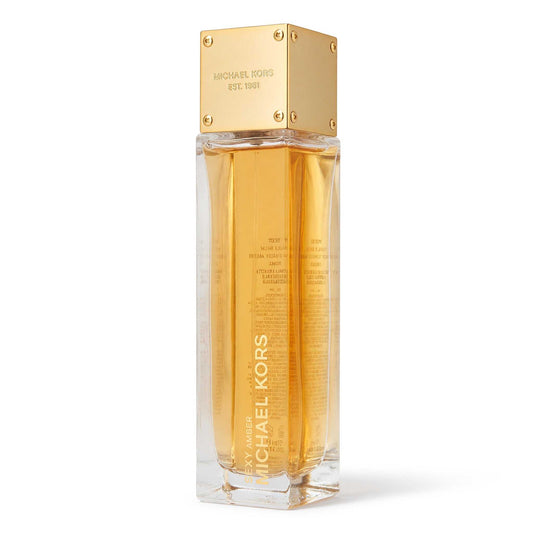 Michael Kors women's eau de parfum spray bottle with clear glass and amber liquid, gold cap
