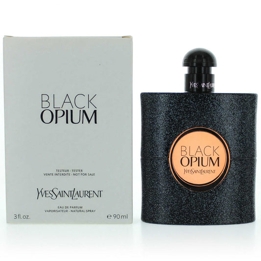 Tester eau de parfum spray bottle with dark glitter finish and Black Opium label
