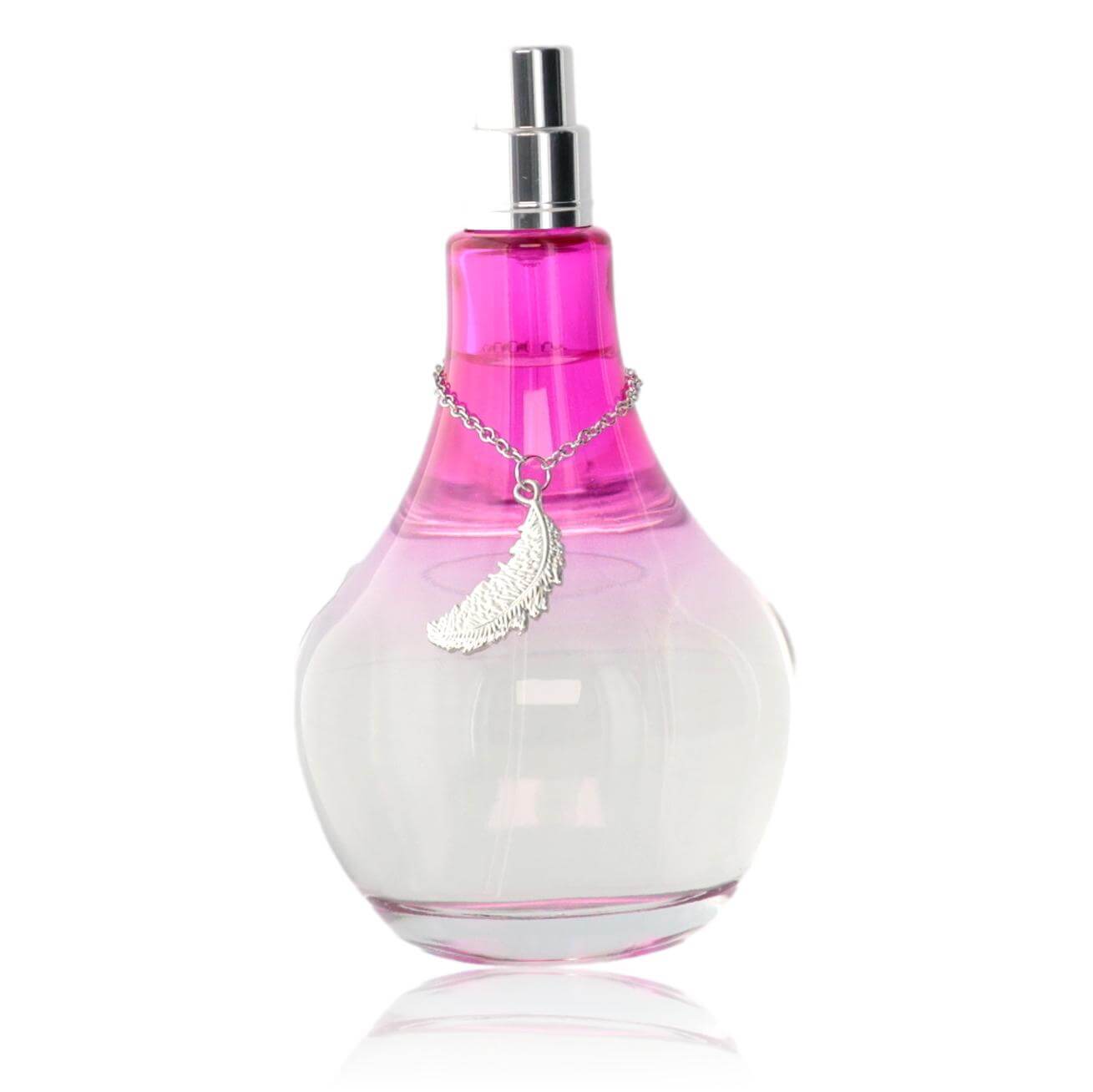 Pink glass perfume tester bottle with spray cap and metal chain tassel charm