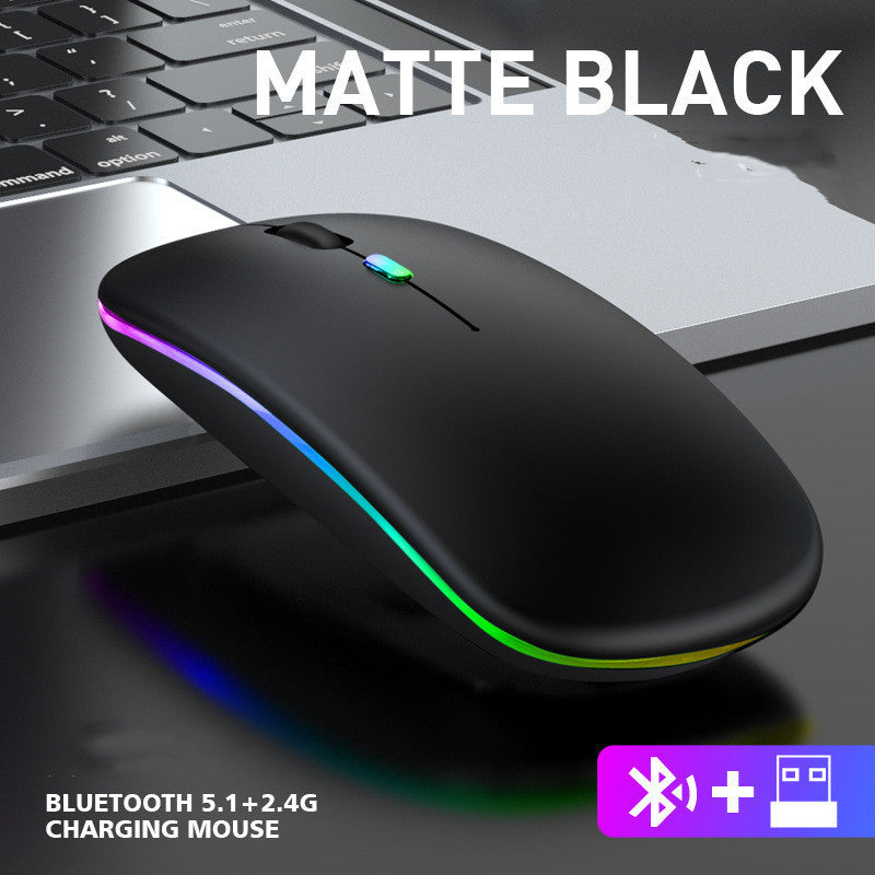 Black wireless mouse with RGB lighting on a keyboard, labeled 'Matte Black'.