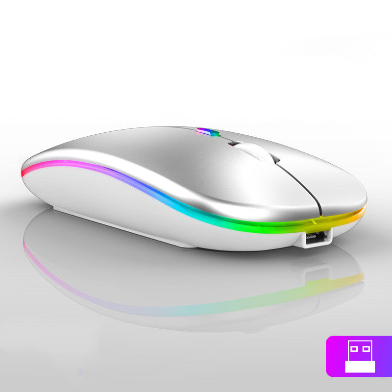 Silver computer mouse with rainbow LED lights on a white background