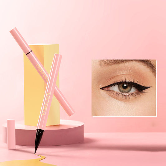 Pink eyeliner pen with an inset of an eye wearing the product on a pink background