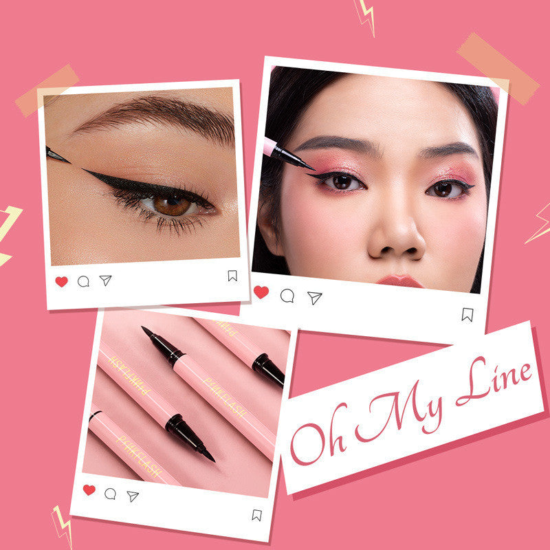 Makeup product with close-up of eye, application on face, and packaging on pink background with 'Oh My Line' branding.