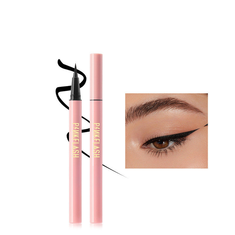 Pink eyeliner pen with black tip and close-up of eye wearing the product on a white background