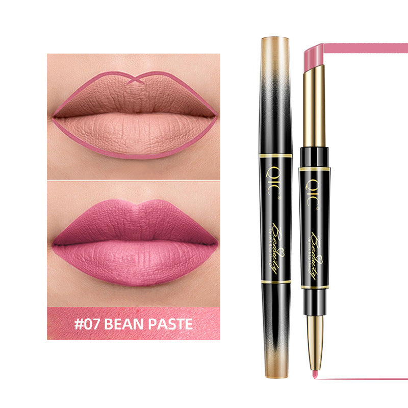 Lipstick with applicator and color swatch on a white background