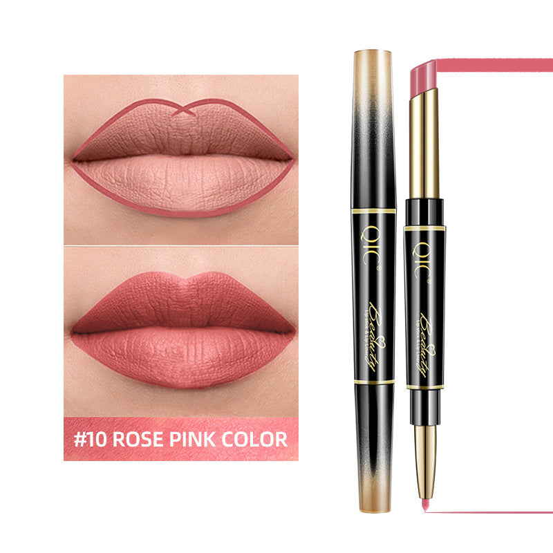 Lipstick with #10 Rose Pink color swatch on lips and product packaging.