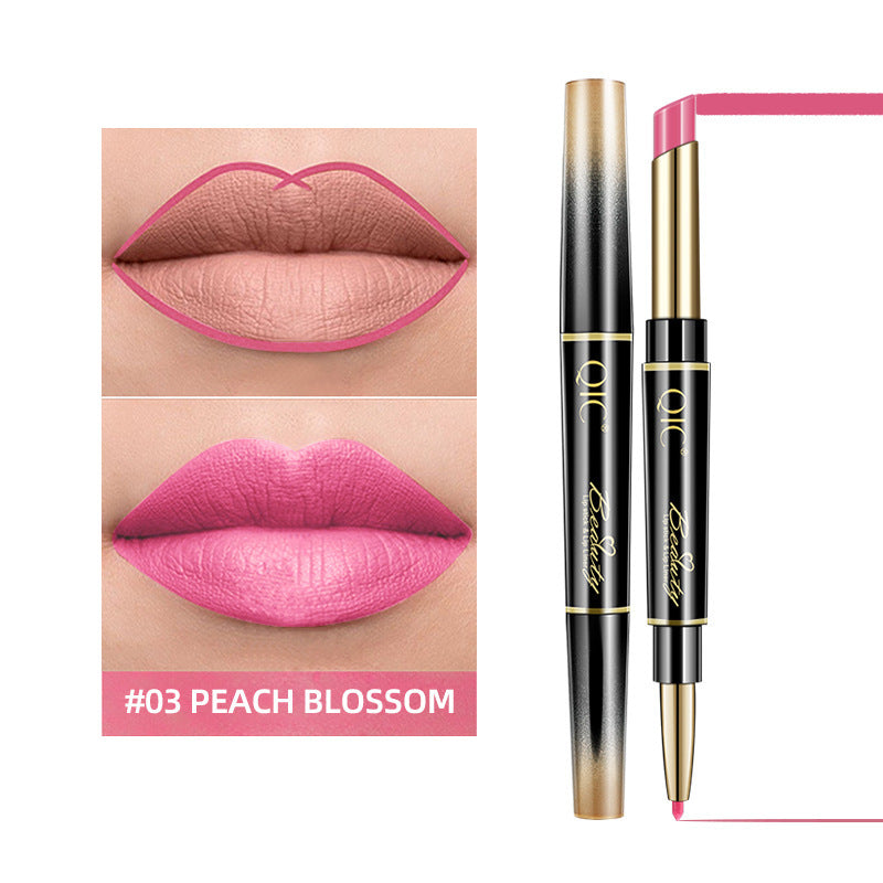 Lipstick with applicator and color swatch on a white background