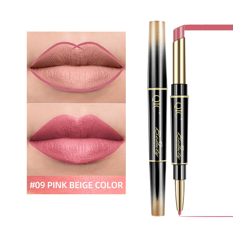 Lipstick with pink beige color on lips and product packaging