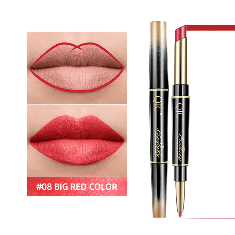 Lipstick with applicator and close-up of lips wearing the #08 Big Red color