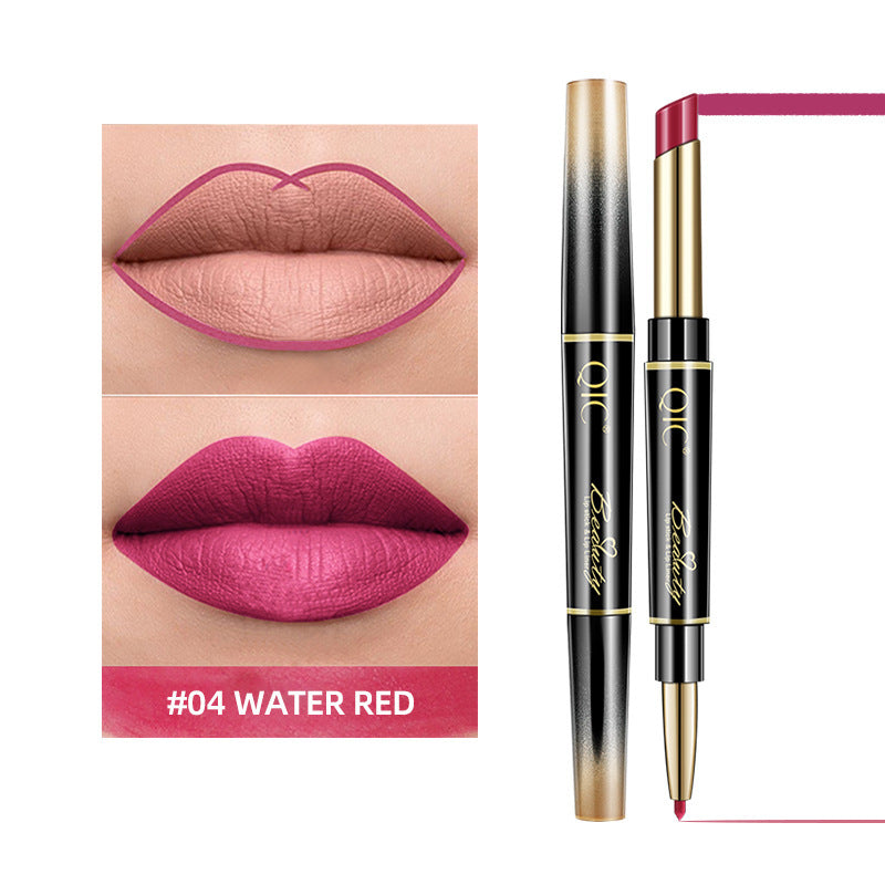 Lipstick with applicator and close-up of lips wearing the color #04 Water Red