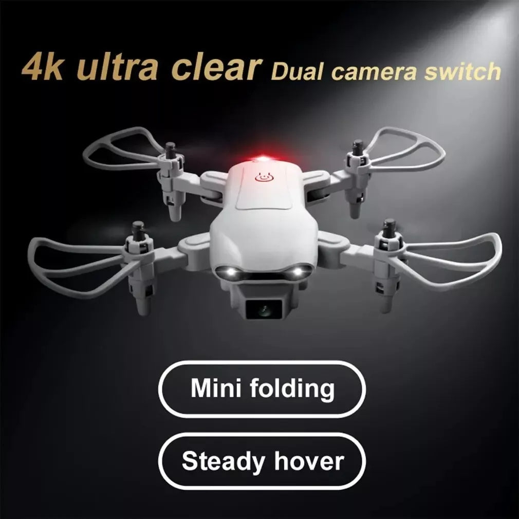 White drone with red light on a black background, featuring text about camera quality and features.