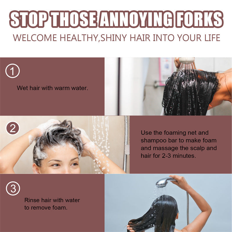 Step-by-step guide on washing hair with a foaming net and shampoo bar, featuring text and images of a person washing their hair.