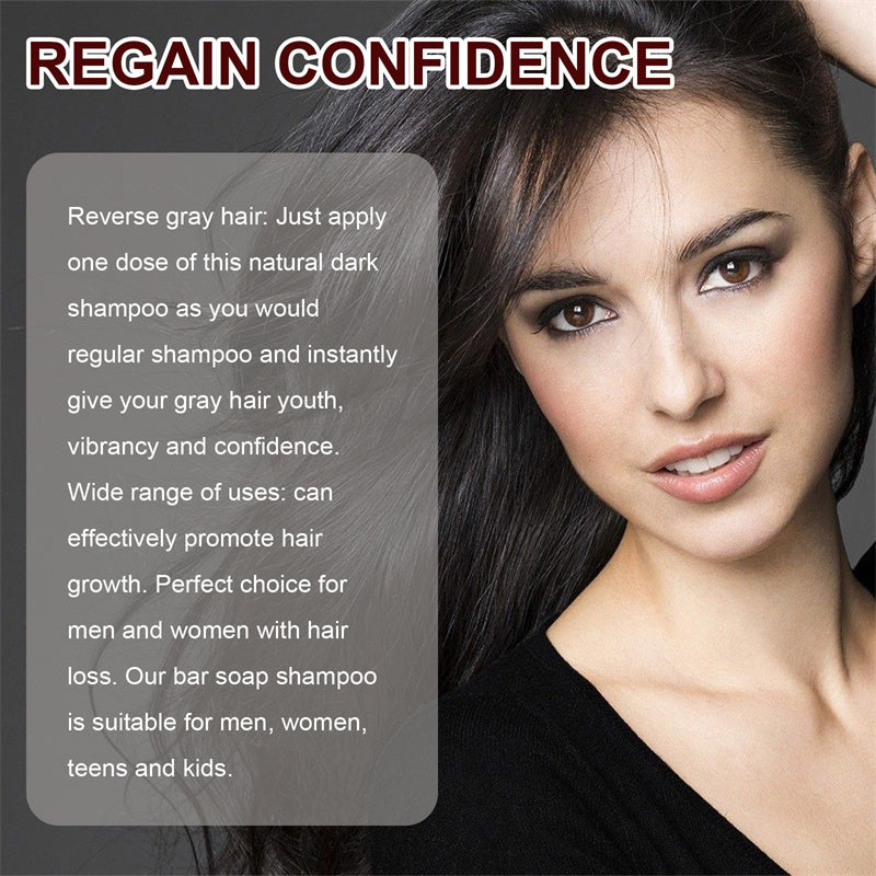 Advertisement for a natural dark shampoo with a woman and text about hair care.