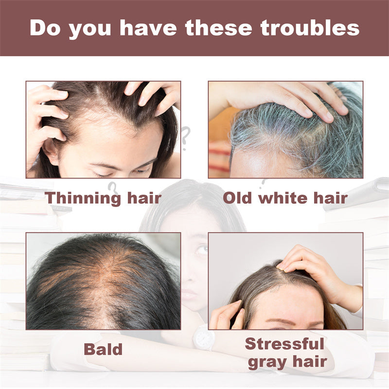 Illustrations of people with thinning hair, old white hair, baldness, and stressful gray hair with text asking if these are troubles.