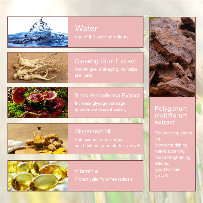 Various natural ingredients with their benefits on a light pink background