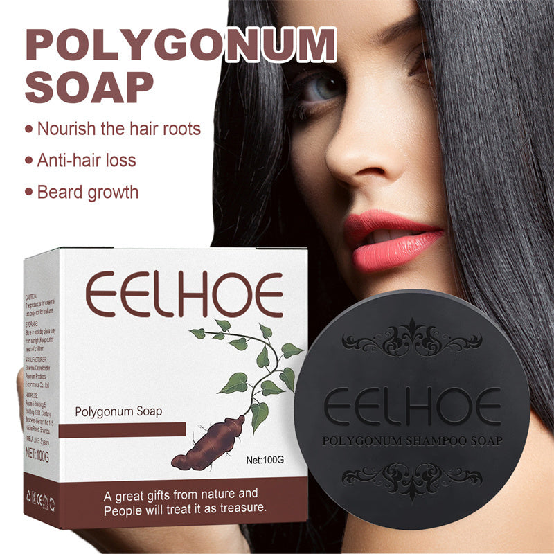 Eelhoe Polygonum Soap packaging with a woman and soap bar, highlighting benefits like nourishing hair roots and anti-hair loss.