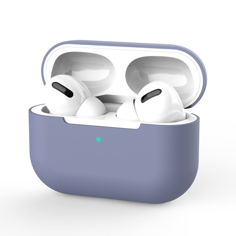 White wireless earbuds in a purple case